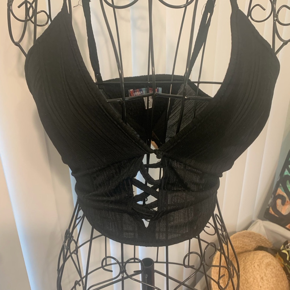 Urban Outfitters Black Ribbed Lace-Up Crop Top